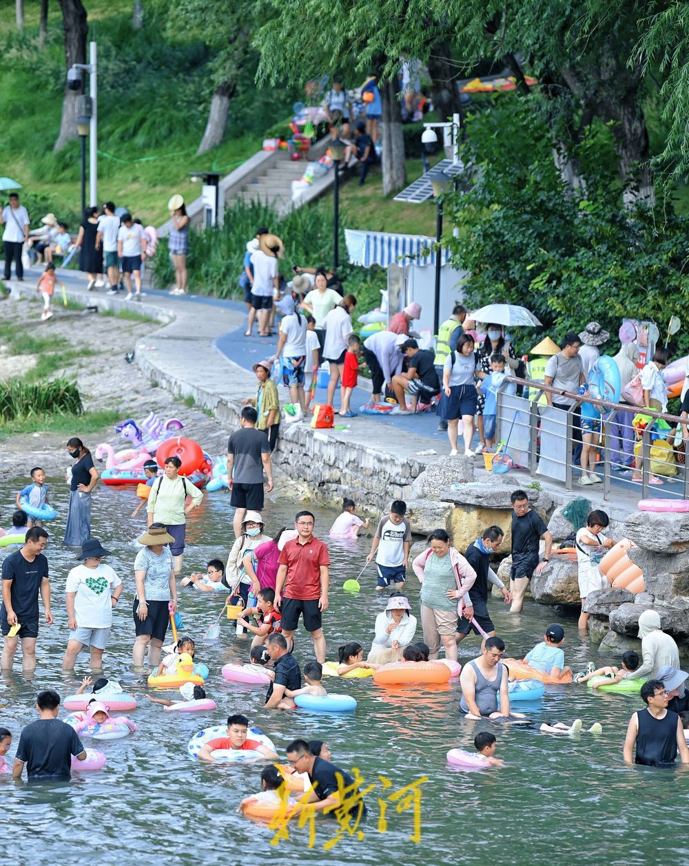 泉城中伏迎高温 济南市民小型湿地里戏水消夏