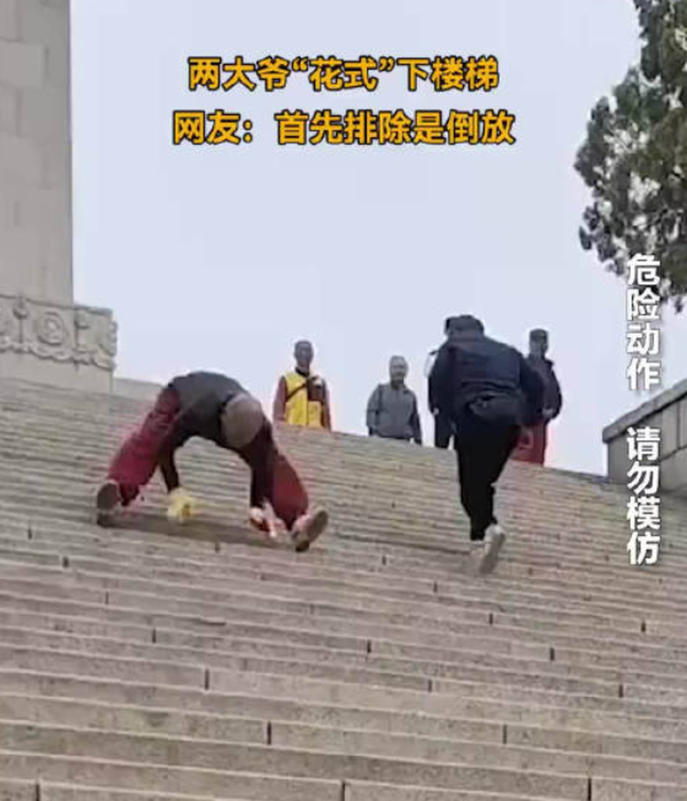 济南两大爷“花式”下楼梯如同猛虎下山，网友感叹：果然，大爷还是你大爷！