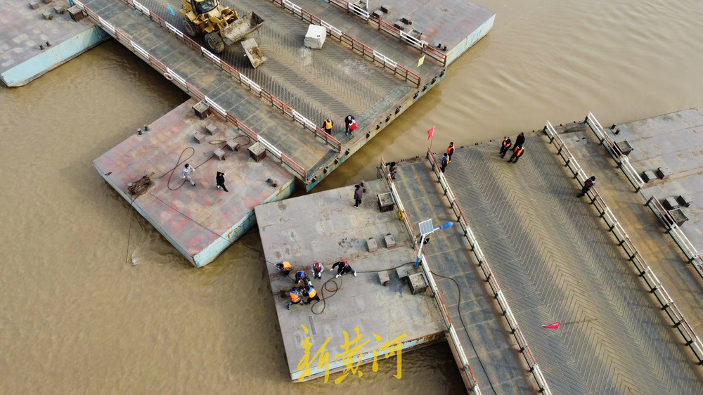 黄河济南段冰消雪融 泺口浮桥重新搭建贯通