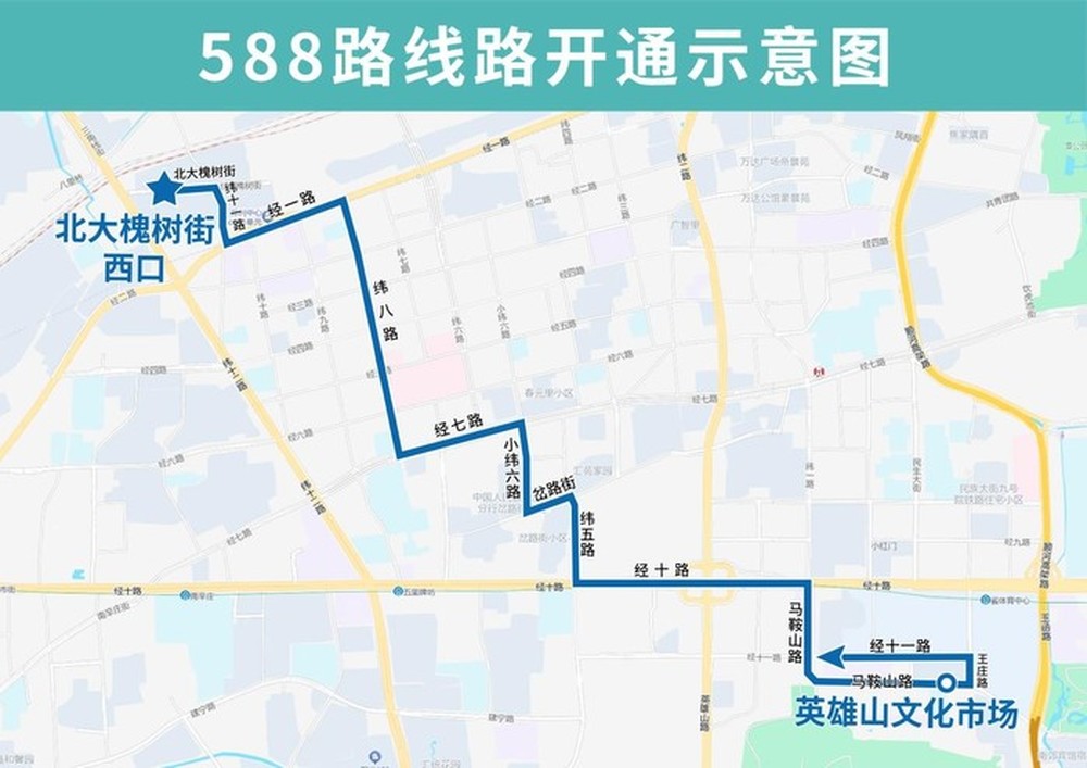 4月15日，济南公交开通试运行588路：途经西市场、纬八路、小纬六路、经十路和英雄山市场
