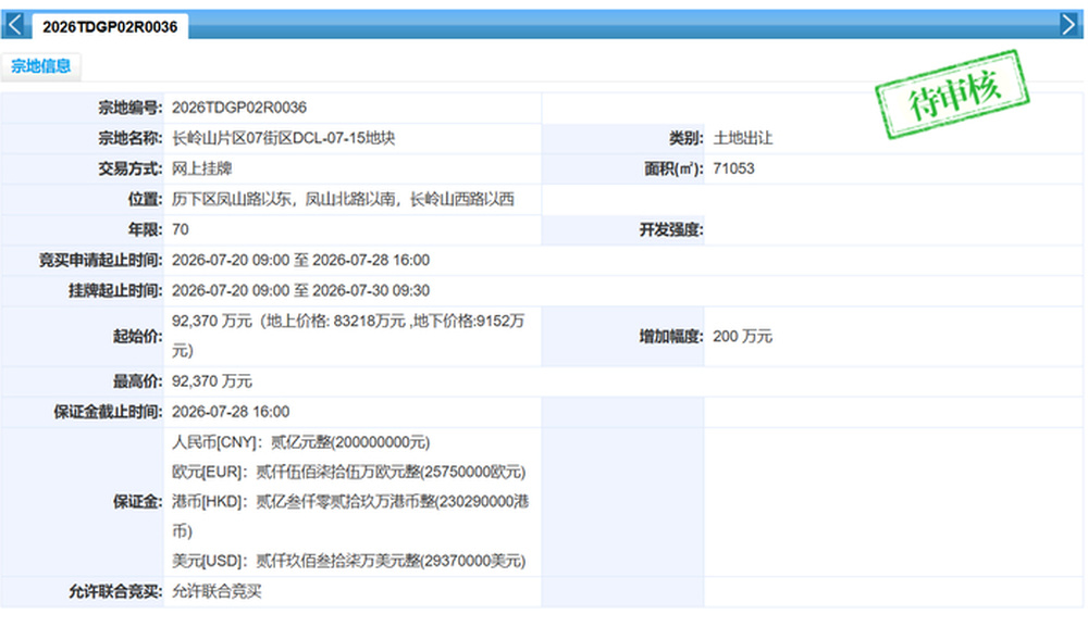 济南长岭山低密地块底价成交，东新热电厂地块入市，单价约1.1万元/平方米
