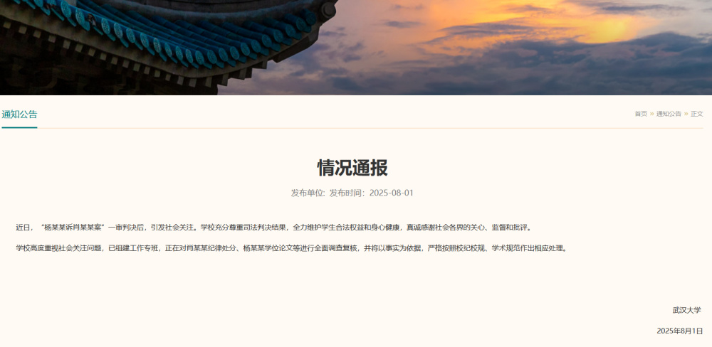 武汉大学：对肖某某纪律处分、杨某某学位论文等进行全面调查复核
