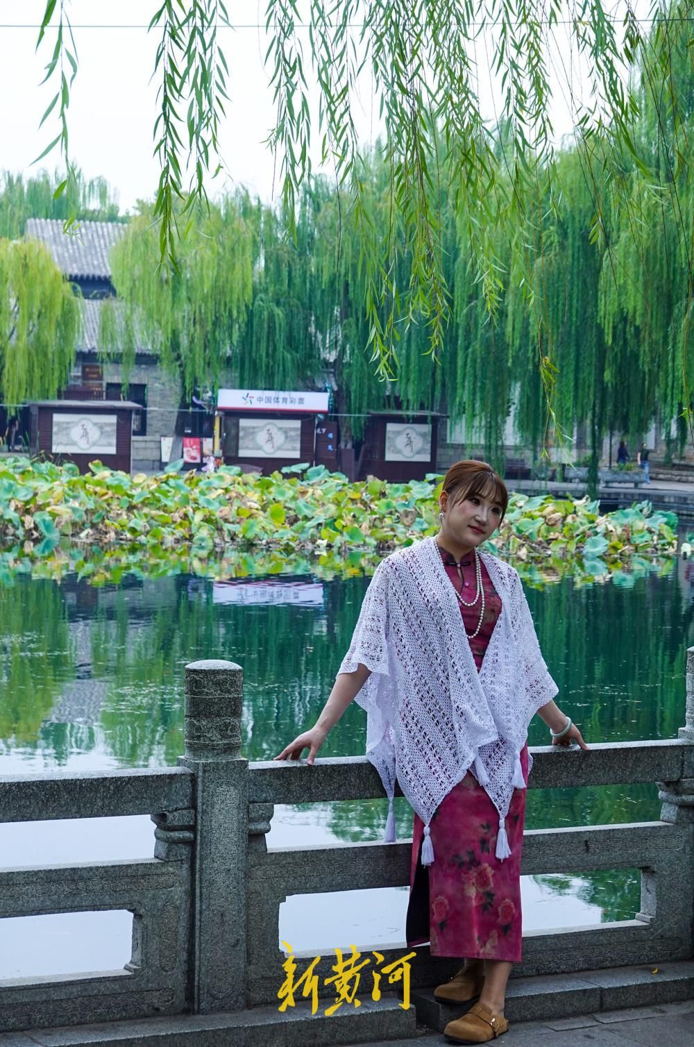 济南百花洲秋色入画来，残荷垂柳倒映成景