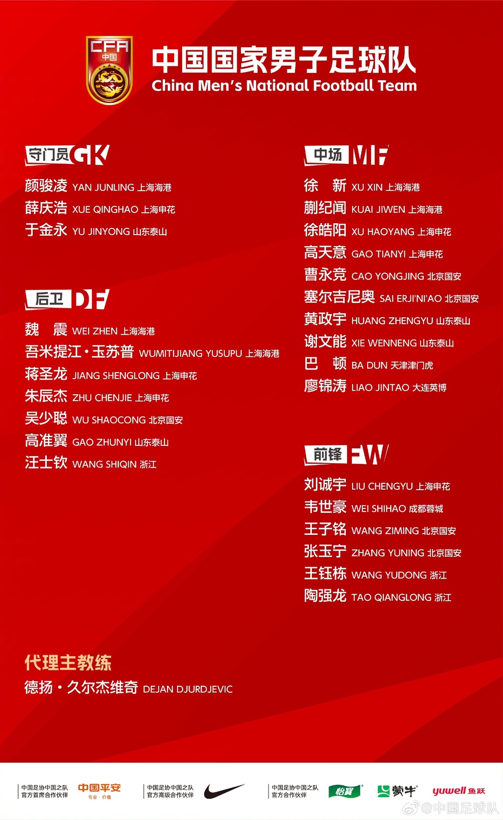 于金永首度入选！国足公布最新一期集训名单