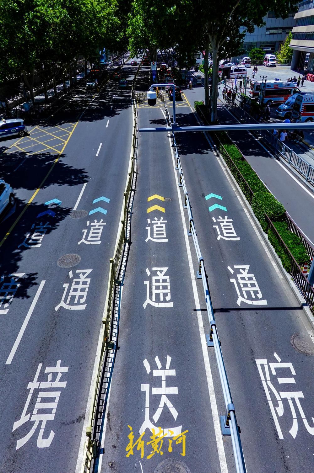 齐鲁医院附近交通标识升级，三色箭头对应入院、接送与过境通道